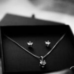 Stylish monochrome image of a necklace and earrings set in a luxurious black gift box.